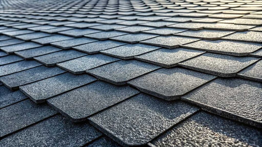 Homeowner inspecting roof shingles and clear gutters beside a tree-lined house in autumn.