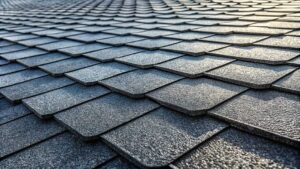 Homeowner inspecting roof shingles and clear gutters beside a tree-lined house in autumn.