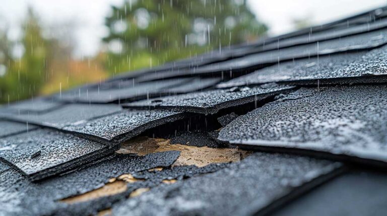 Homeowner inspecting roof edge from a secured ladder while wearing slip-resistant footwear